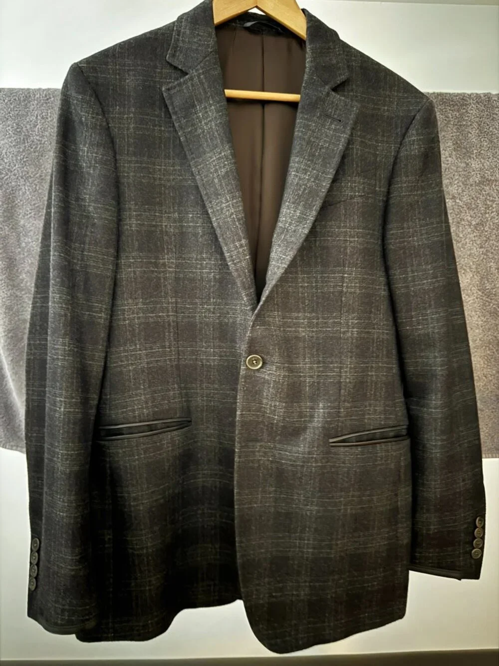 John Varvatos Wool Cashmere Glen Plaid Blazer with Leather Trim – Men's 38R (EU